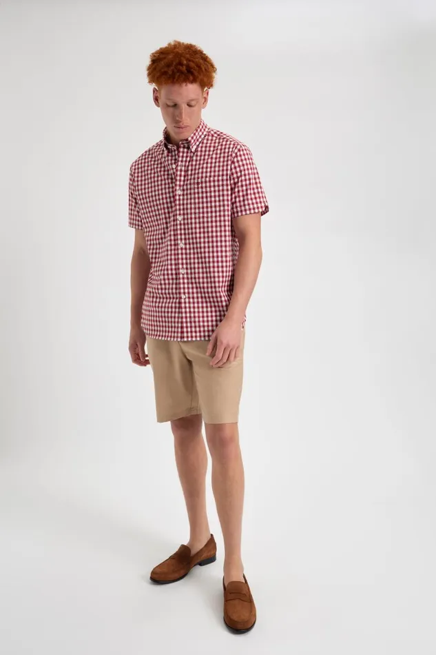 Men Ben Sherman Short Sleeve Shirts Short Sleeve House Poplin Gingham Shirt 8211 Merlot