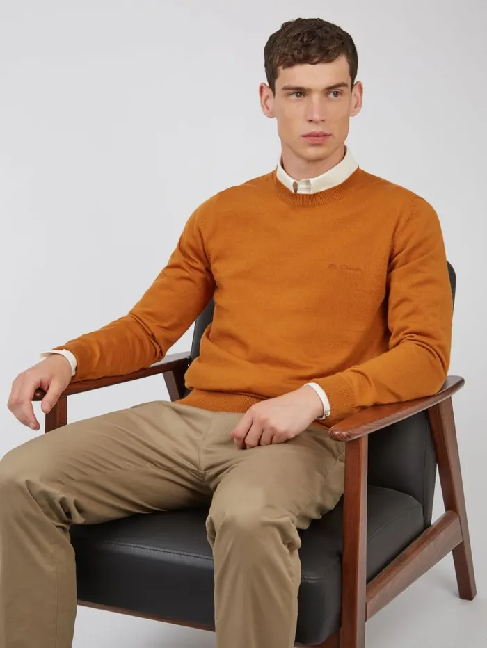 Men Ben Sherman Sweaters and Knits Signature Knit Crewneck Sweater 8211 Ochre