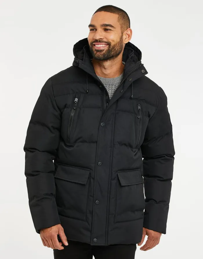 Men Black Hooded Padded Jacket Threadbare Coats