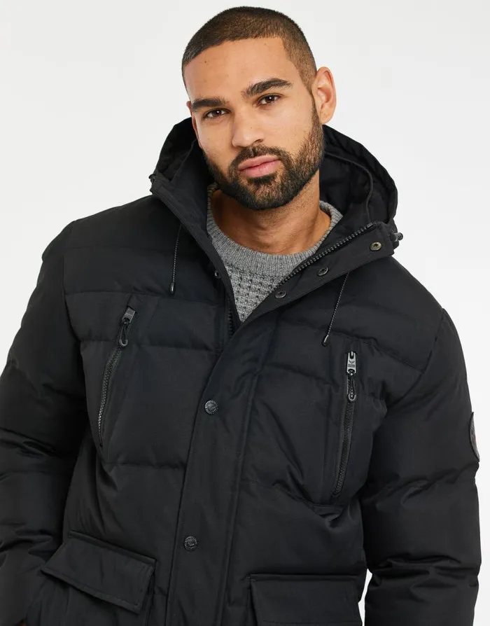 Men Black Hooded Padded Jacket Threadbare Coats Men Black Hooded Padded Jacket Threadbare Coats