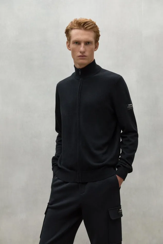 Men Black Mandarina Knitted Jacket Ecoalf Knitwear