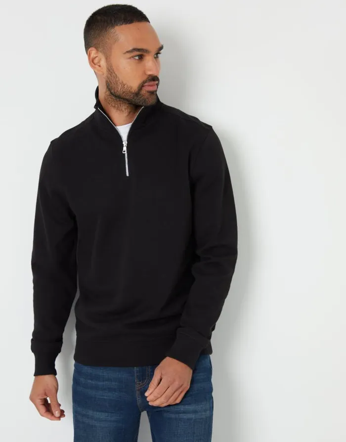 Men Black Pique Quarter Zip Funnel Neck Sweatshirt Threadbare Sweatshirts