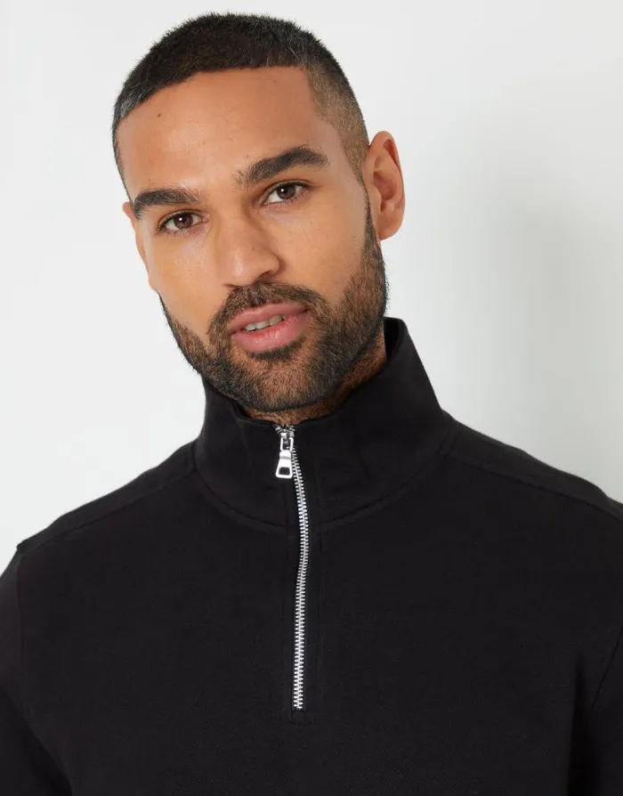 Men Black Pique Quarter Zip Funnel Neck Sweatshirt Threadbare Sweatshirts Men Black Pique Quarter Zip Funnel Neck Sweatshirt Threadbare Sweatshirts