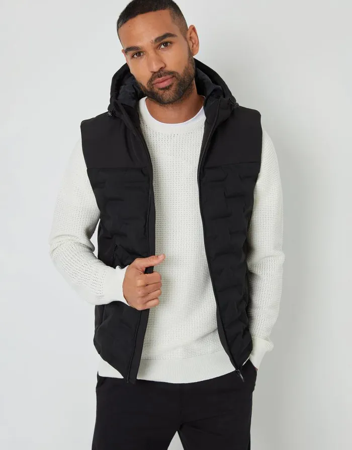 Men Black Quilted Panel Hooded Gilet Threadbare Jackets
