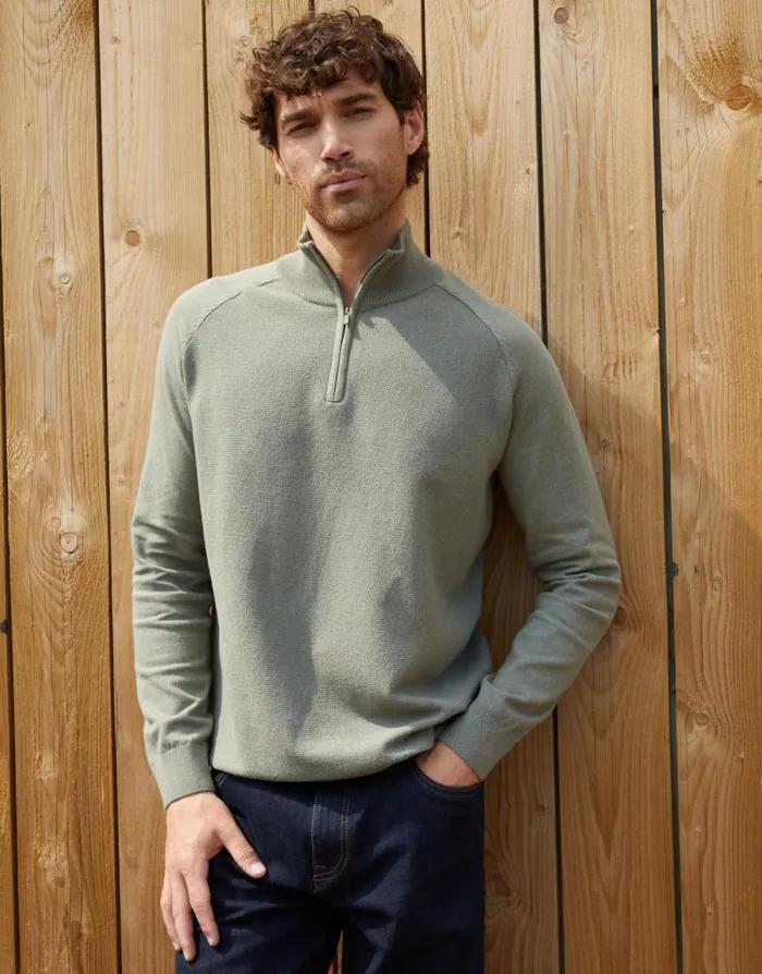 Men Khaki Raglan Knitted Quarter Zip Jumper Threadbare Jumpers