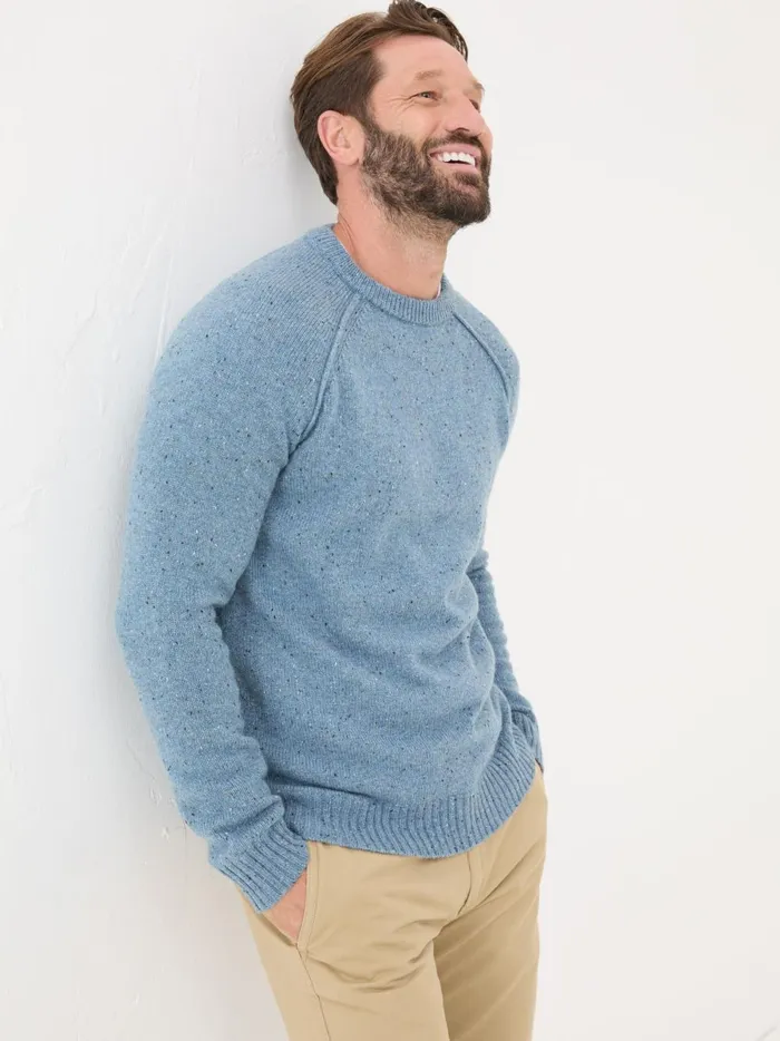 Men Knitwear Fat Face Chambray Blue Lambswool Plain Crew
