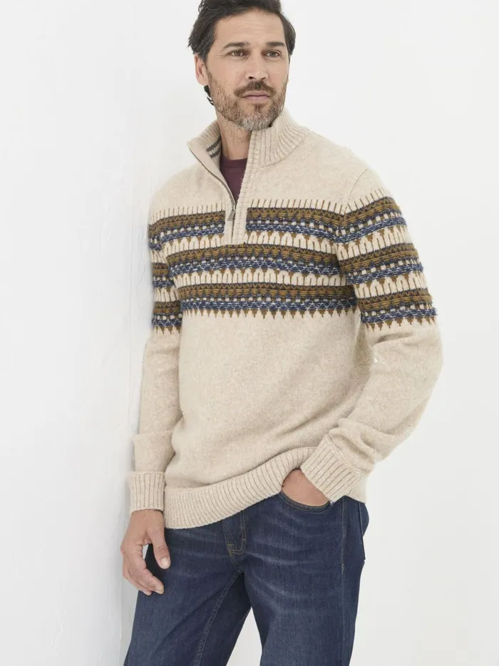 Men Knitwear Fat Face Ives Natural Half Neck Jumper