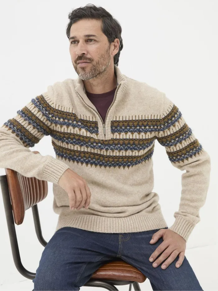 Men Knitwear Fat Face Ives Natural Half Neck Jumper