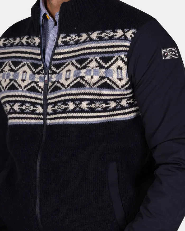 Men Knitwear NZA New Zealand Auckland Dark Blue Cardigan With White And Blue Pattern 8211 Winter Navy