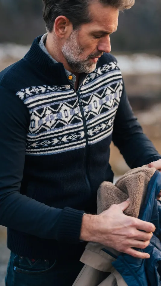 Men Knitwear NZA New Zealand Auckland Dark Blue Cardigan With White And Blue Pattern 8211 Winter Navy