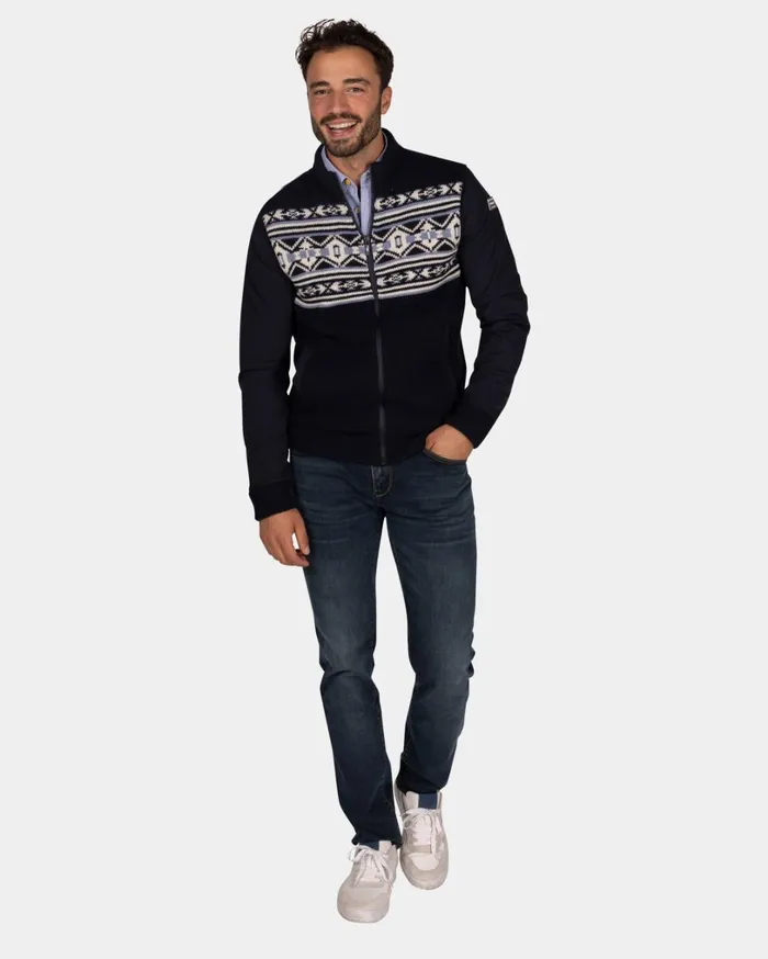 Men Knitwear NZA New Zealand Auckland Dark Blue Cardigan With White And Blue Pattern 8211 Winter Navy