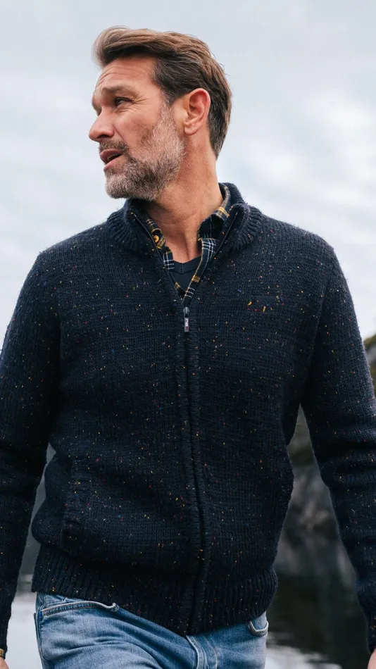 Men Knitwear NZA New Zealand Auckland Mottled Dark Blue Wool Cardigan 8211 Winter Navy