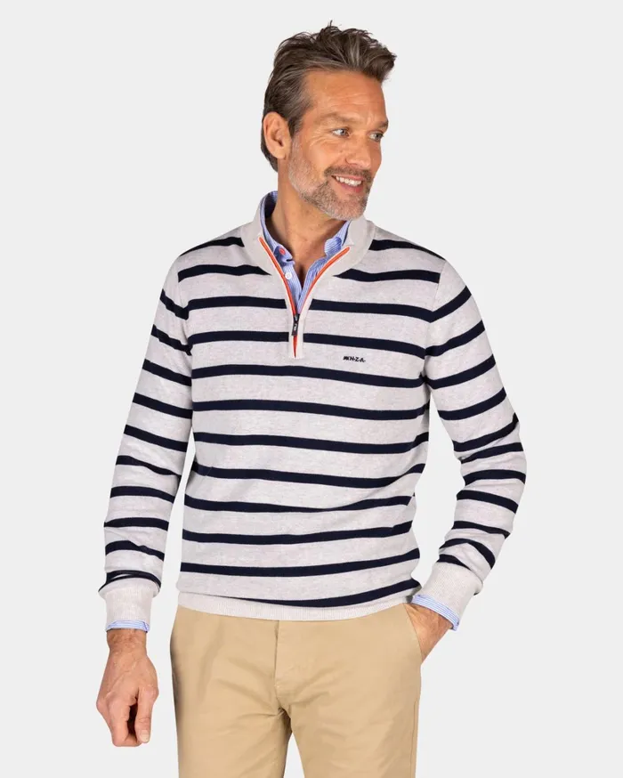 Men Knitwear NZA New Zealand Auckland White Cotton Sweater With Navy Stripe 8211 Shimmering Sand Men Knitwear NZA New Zealand Auckland White Cotton Sweater With Navy Stripe 8211 Shimmering Sand