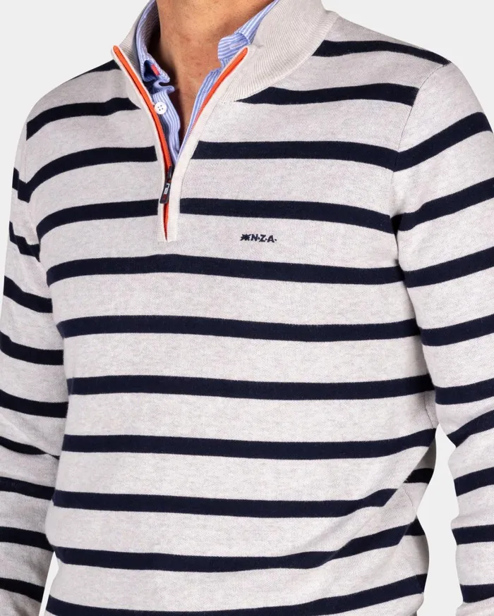Men Knitwear NZA New Zealand Auckland White Cotton Sweater With Navy Stripe 8211 Shimmering Sand