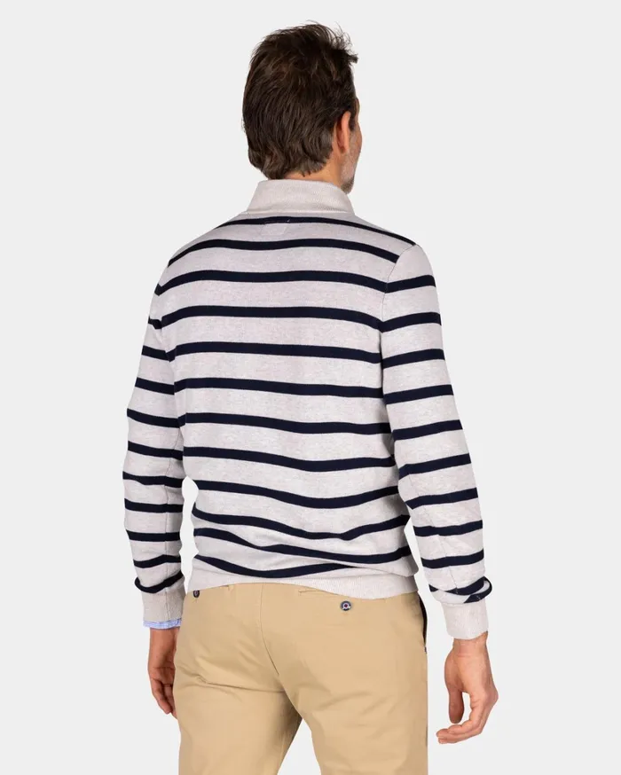 Men Knitwear NZA New Zealand Auckland White Cotton Sweater With Navy Stripe 8211 Shimmering Sand