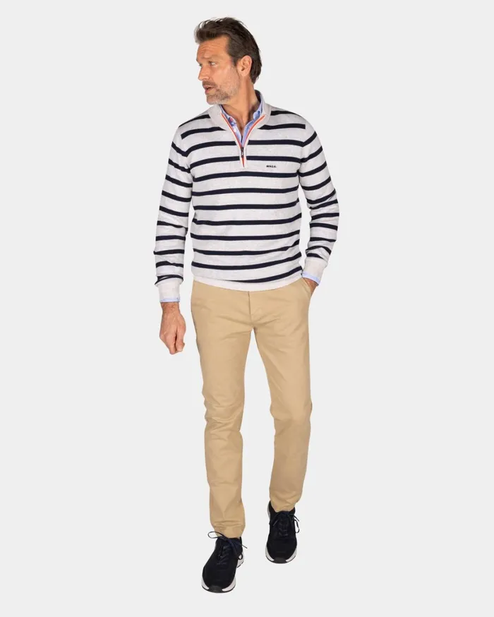 Men Knitwear NZA New Zealand Auckland White Cotton Sweater With Navy Stripe 8211 Shimmering Sand