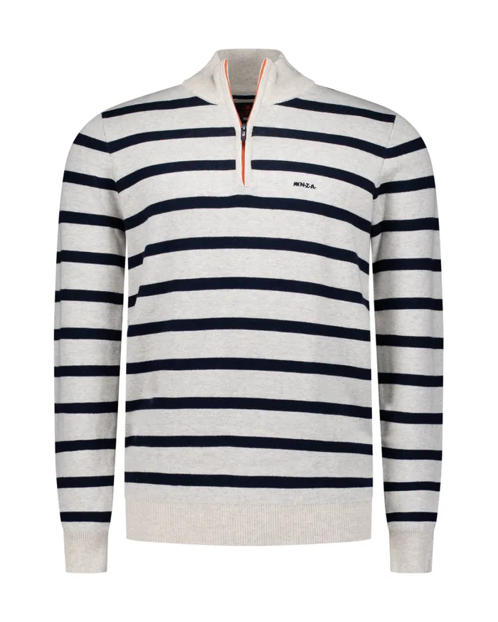 Men Knitwear NZA New Zealand Auckland White Cotton Sweater With Navy Stripe 8211 Shimmering Sand