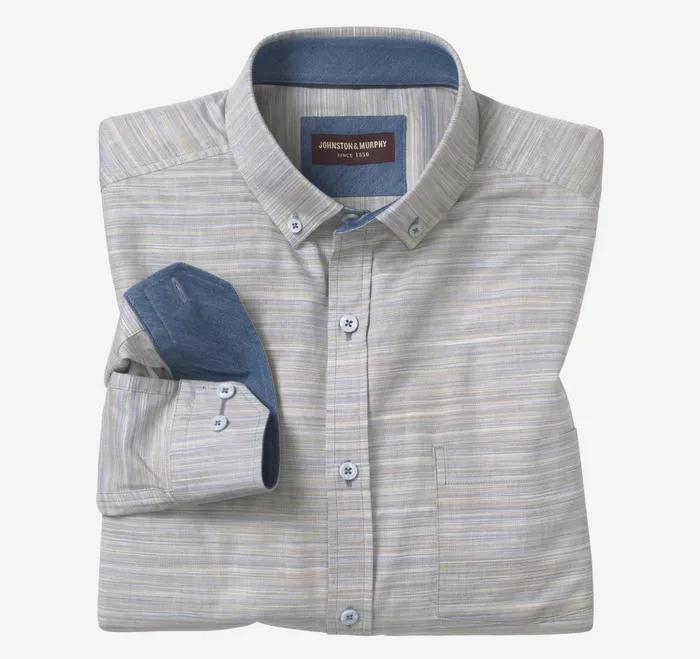 Men LongSleeve Twill Checked Shirt Bluetan Striated Oxford JohnstonandMurphy Shirts Men LongSleeve Twill Checked Shirt Bluetan Striated Oxford JohnstonandMurphy Shirts
