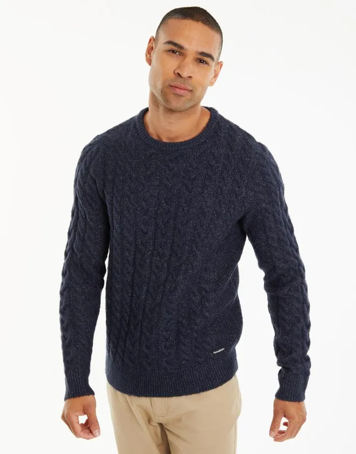 Men Navy Cable Knit Detail Crew Neck Jumper Threadbare Jumpers
