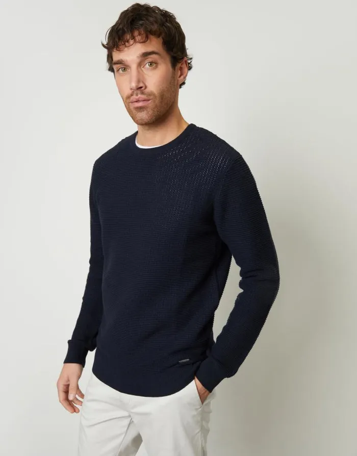 Men Navy Crochet Knit Crew Neck Jumper Threadbare Jumpers