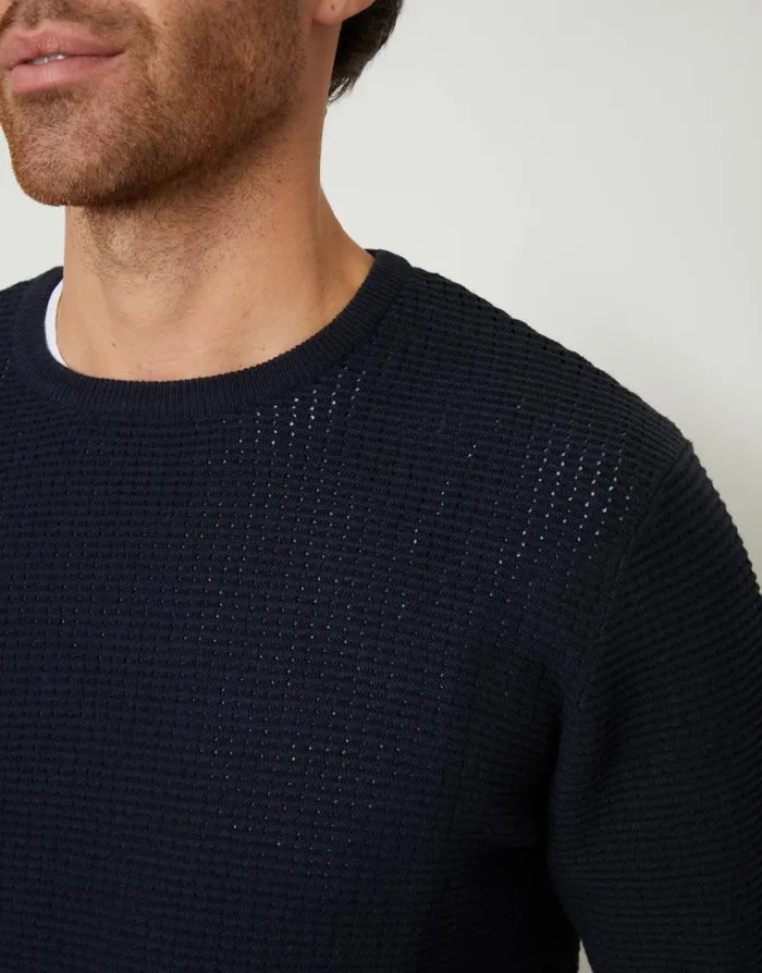 Men Navy Crochet Knit Crew Neck Jumper Threadbare Jumpers Men Navy Crochet Knit Crew Neck Jumper Threadbare Jumpers