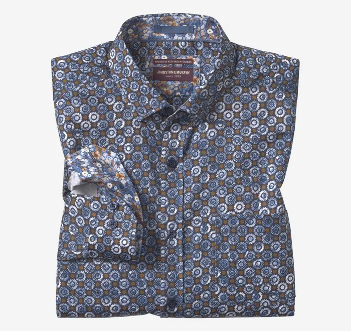 Men Printed Cotton Shirt Navybrown Perennial JohnstonandMurphy Shirts
