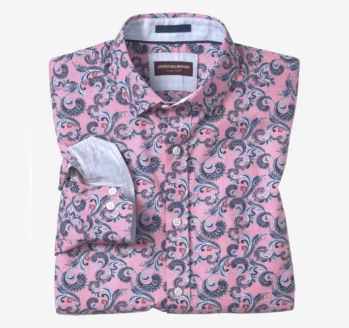 Men Printed Cotton Shirt Pink Checkered Paisley JohnstonandMurphy Shirts