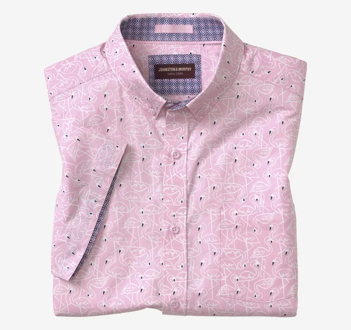 Men Printed Cotton ShortSleeve Shirt Pink Flamingo JohnstonandMurphy ShortSleeve Shirts Men Printed Cotton ShortSleeve Shirt Pink Flamingo JohnstonandMurphy ShortSleeve Shirts