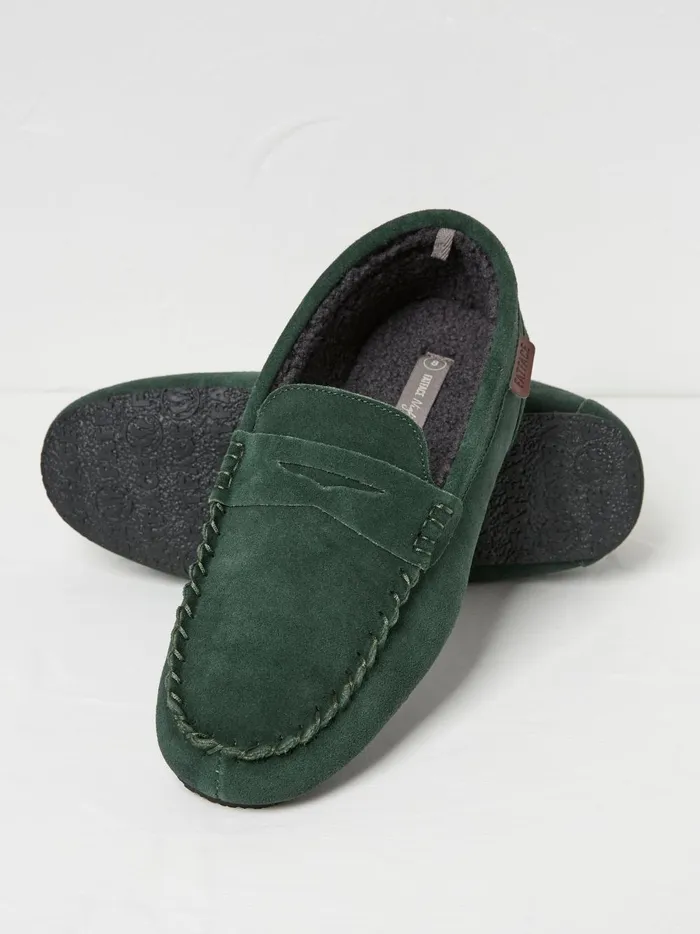 Men Pyjamas and Nightwear Fat Face Dark Green Suede Moccasin Slippers