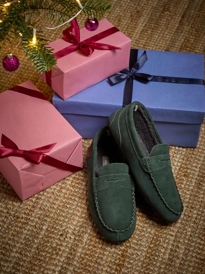 Men Pyjamas and Nightwear Fat Face Dark Green Suede Moccasin Slippers