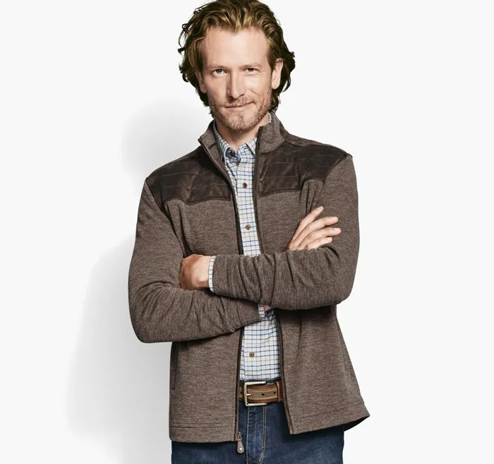 Men QuiltedYoke FullZip Brown JohnstonandMurphy Sweaters and Knits