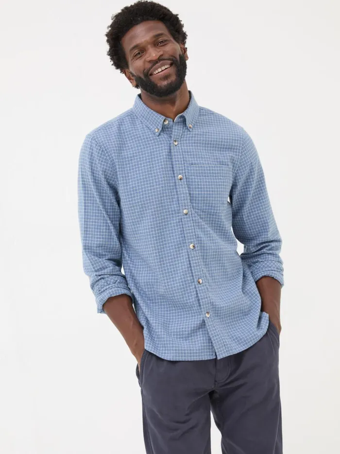 Men Shirts Fat Face Blue Long Sleeve Grantham Grid Check 100 Cotton Shirt