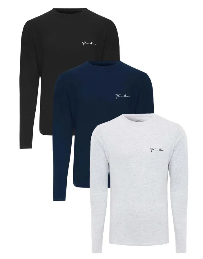 Men Small Script Long Sleeve Crew Neck TShirts 3 Pack Threadbare TShirts