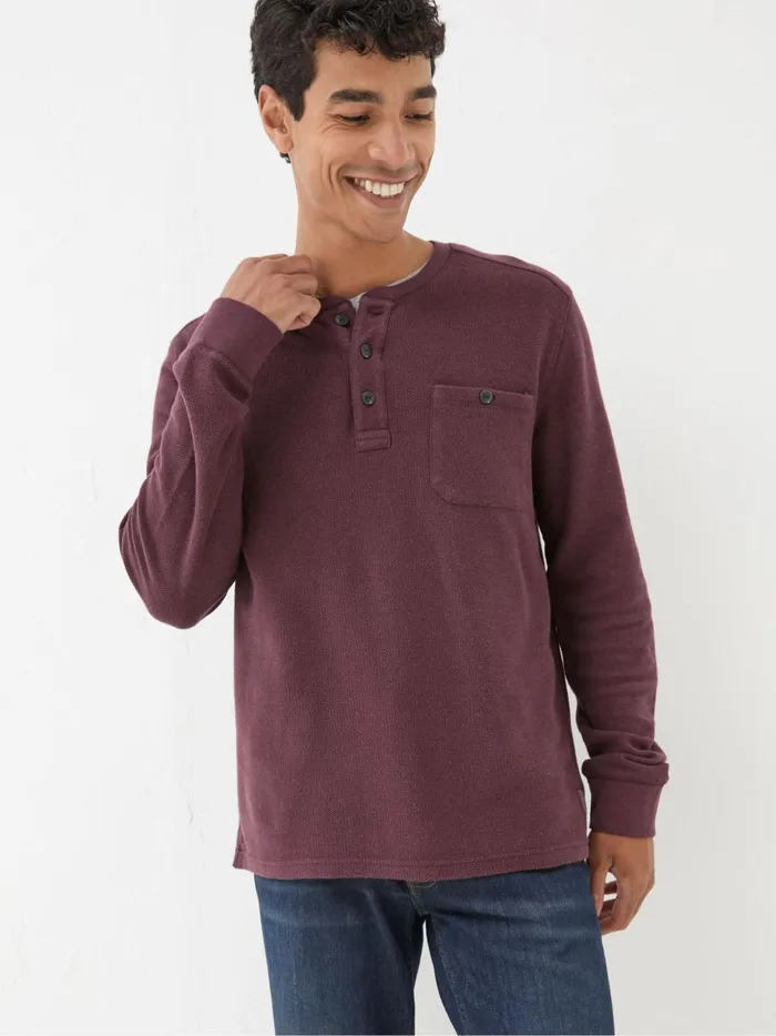 Men TShirts Fat Face Burgundy Red Southbourne Long Sleeve Henley TShirt