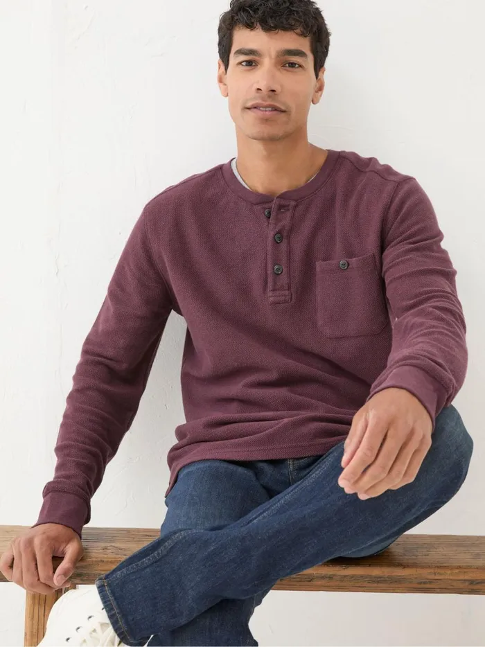 Men TShirts Fat Face Burgundy Red Southbourne Long Sleeve Henley TShirt