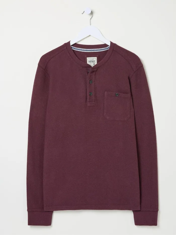 Men TShirts Fat Face Burgundy Red Southbourne Long Sleeve Henley TShirt