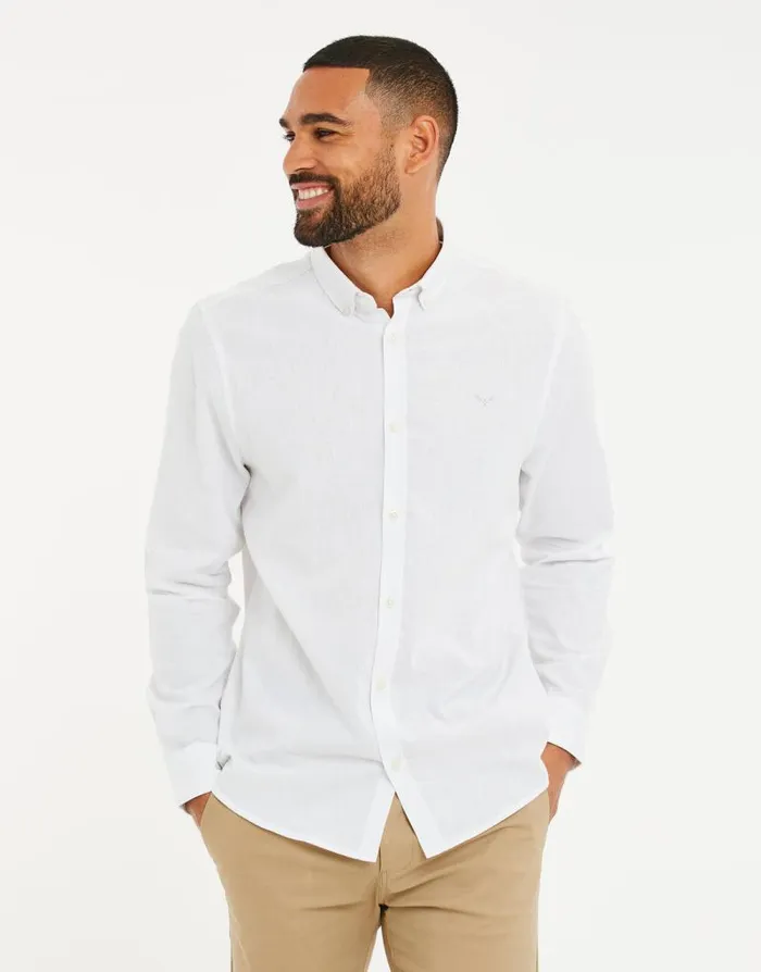 Men White Long Sleeve Linen Blend Shirt Threadbare Shirts