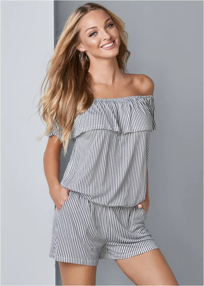 OffTheShoulder Romper Grey and White Women VENUS Casual Jumpsuits and Rompers