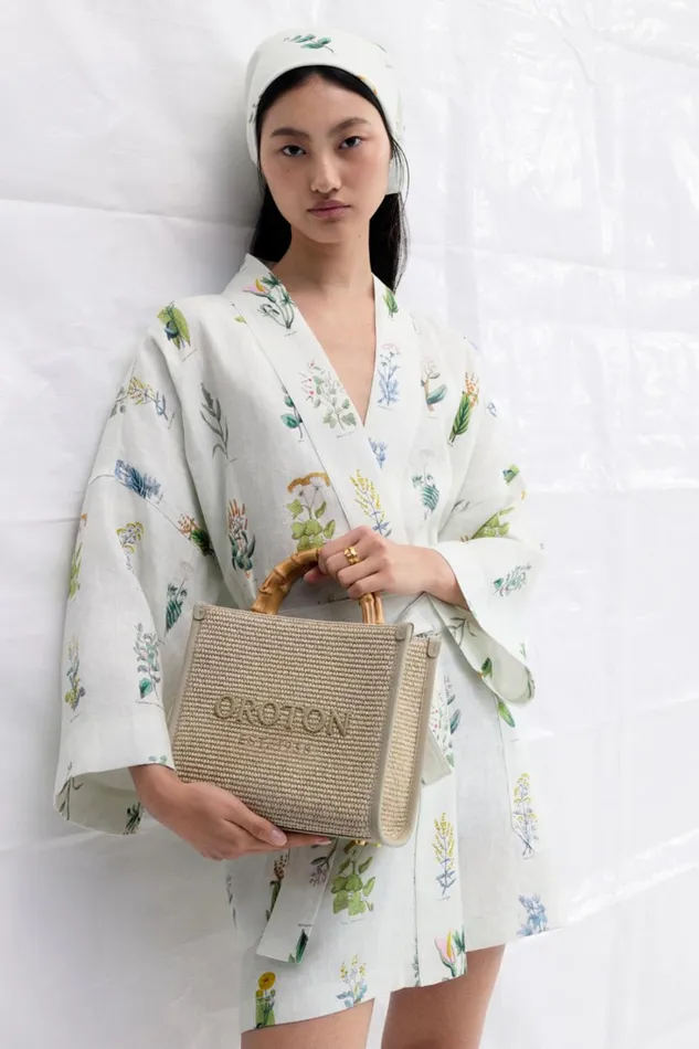 Oroton Greenhouse Floral Robe Mist Women Jackets and Outerwear Oroton Greenhouse Floral Robe Mist Women Jackets and Outerwear