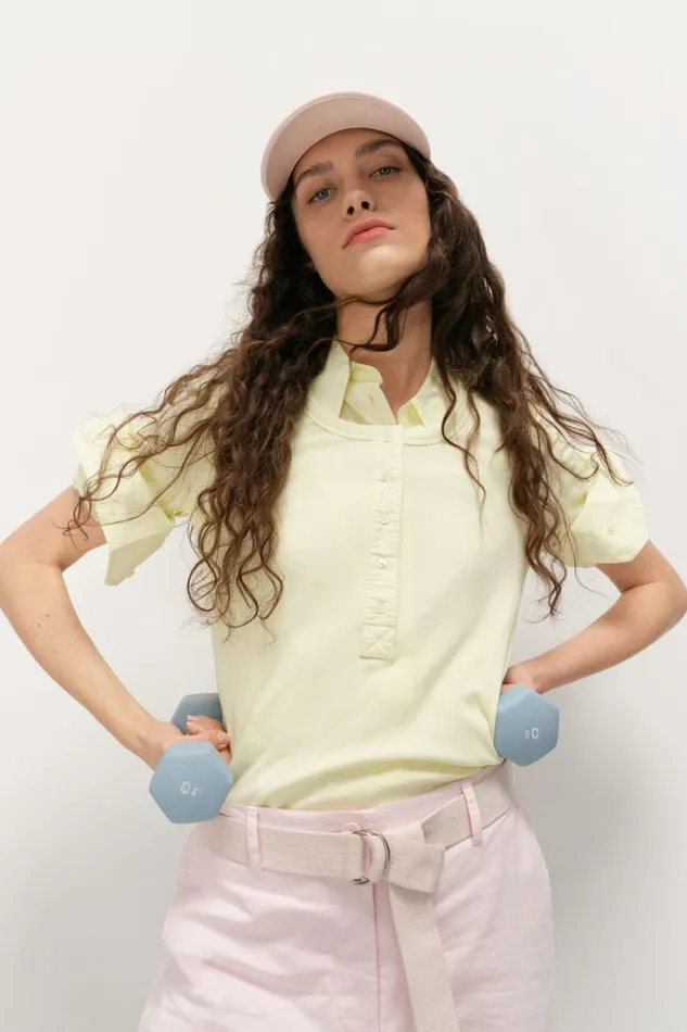 Oroton Margot Rib Henley Lemon Women Tops Oroton Margot Rib Henley Lemon Women Tops