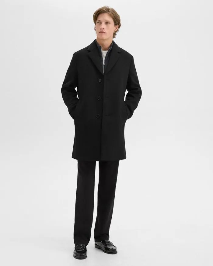 Outerwear Men Theory 3Button Topcoat In Recycled WoolBlend Melton Black