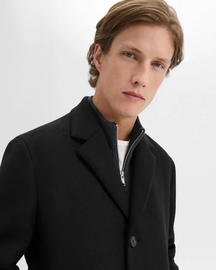 Outerwear Men Theory 3Button Topcoat In Recycled WoolBlend Melton Black