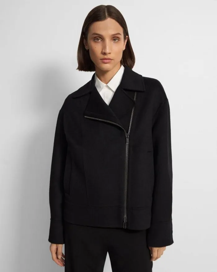 Outerwear Women Theory Oversized Moto Jacket In DoubleFace WoolCashmere Black