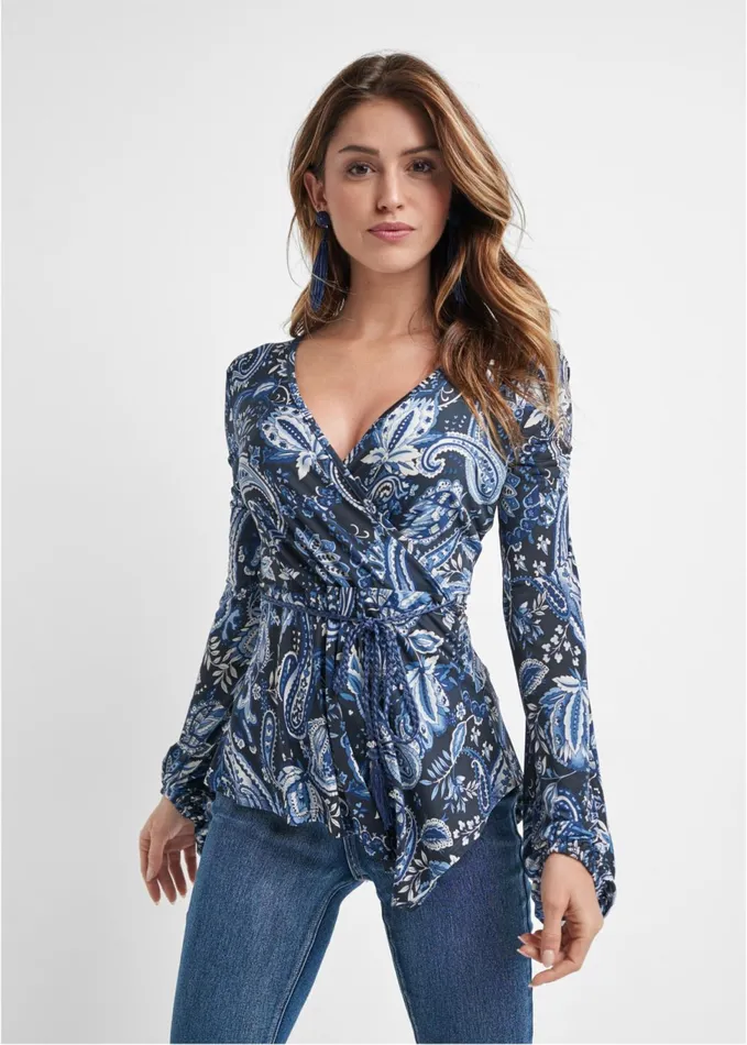 PAISLEY BALLOON SLEEVE TOP Blue Multi Women VENUS Casual Tops