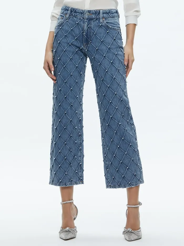 Pants Women Alice Olivia Weezy Quilted Embellished Cropped Mid Rise Jean Light Indigo Pants Women Alice Olivia Weezy Quilted Embellished Cropped Mid Rise Jean Light Indigo