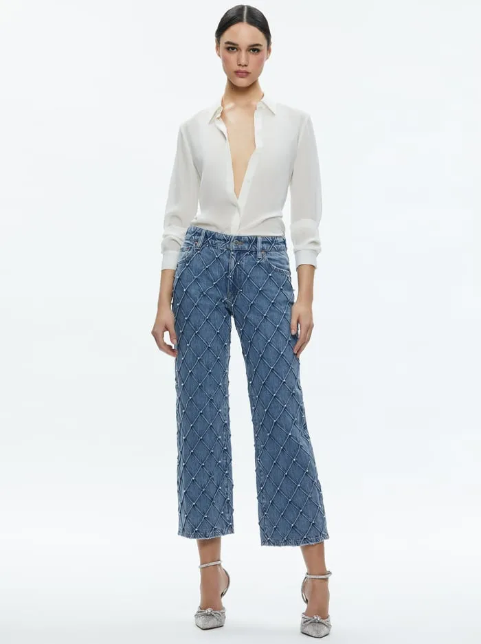 Pants Women Alice Olivia Weezy Quilted Embellished Cropped Mid Rise Jean Light Indigo