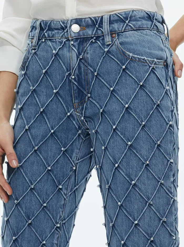 Pants Women Alice Olivia Weezy Quilted Embellished Cropped Mid Rise Jean Light Indigo