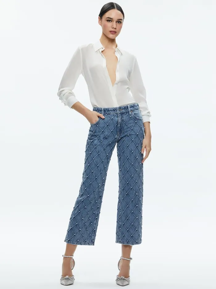 Pants Women Alice Olivia Weezy Quilted Embellished Cropped Mid Rise Jean Light Indigo