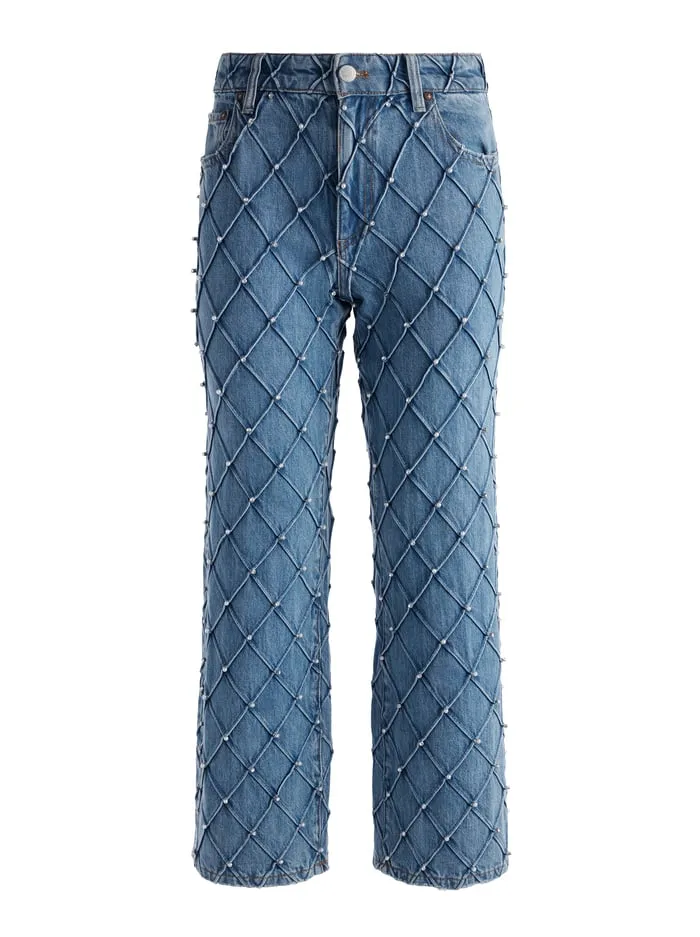Pants Women Alice Olivia Weezy Quilted Embellished Cropped Mid Rise Jean Light Indigo