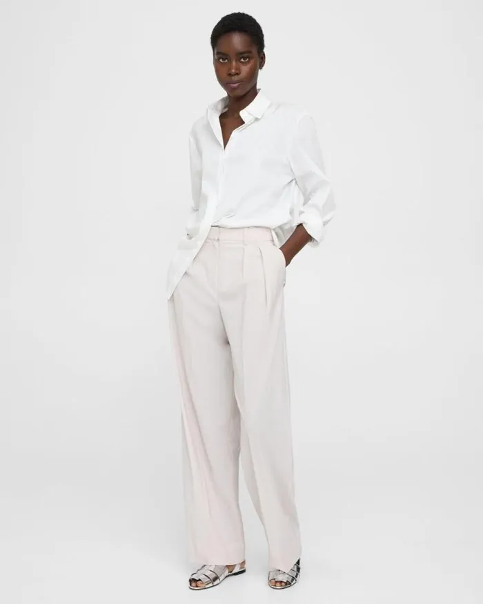 Pants Women Theory Pleated WideLeg Pant In Stretch Wool Sand